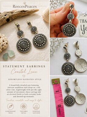 Silver Tone Medallion Earrings | Coastal Luxe Detail